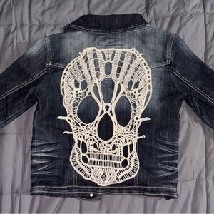 1st Kiss Jacket Womens Small Distressed Denim Jean Button Up Crochet Skull EUC